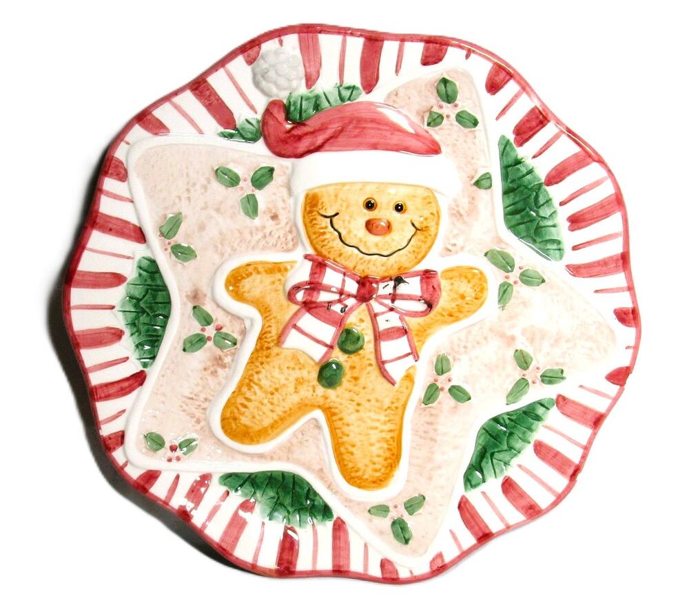Gingerbread Ceramic Serving Platter Round 11.5 inches Peppermint Border Holiday
